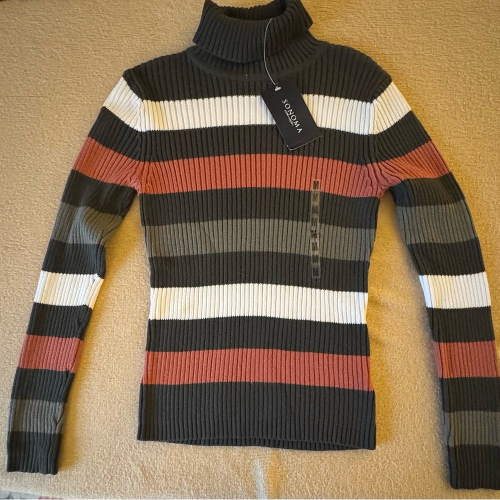 Sonoma Ribbed Turtleneck Sweater in Black, White, Rust & Olive